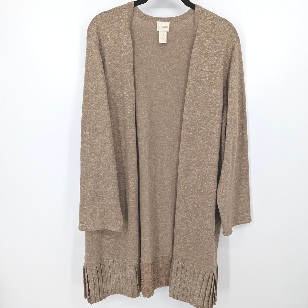 Chicos Cardigan Womens XL Tan Gold Metallic Open Front‎ Pleated Longline Holiday